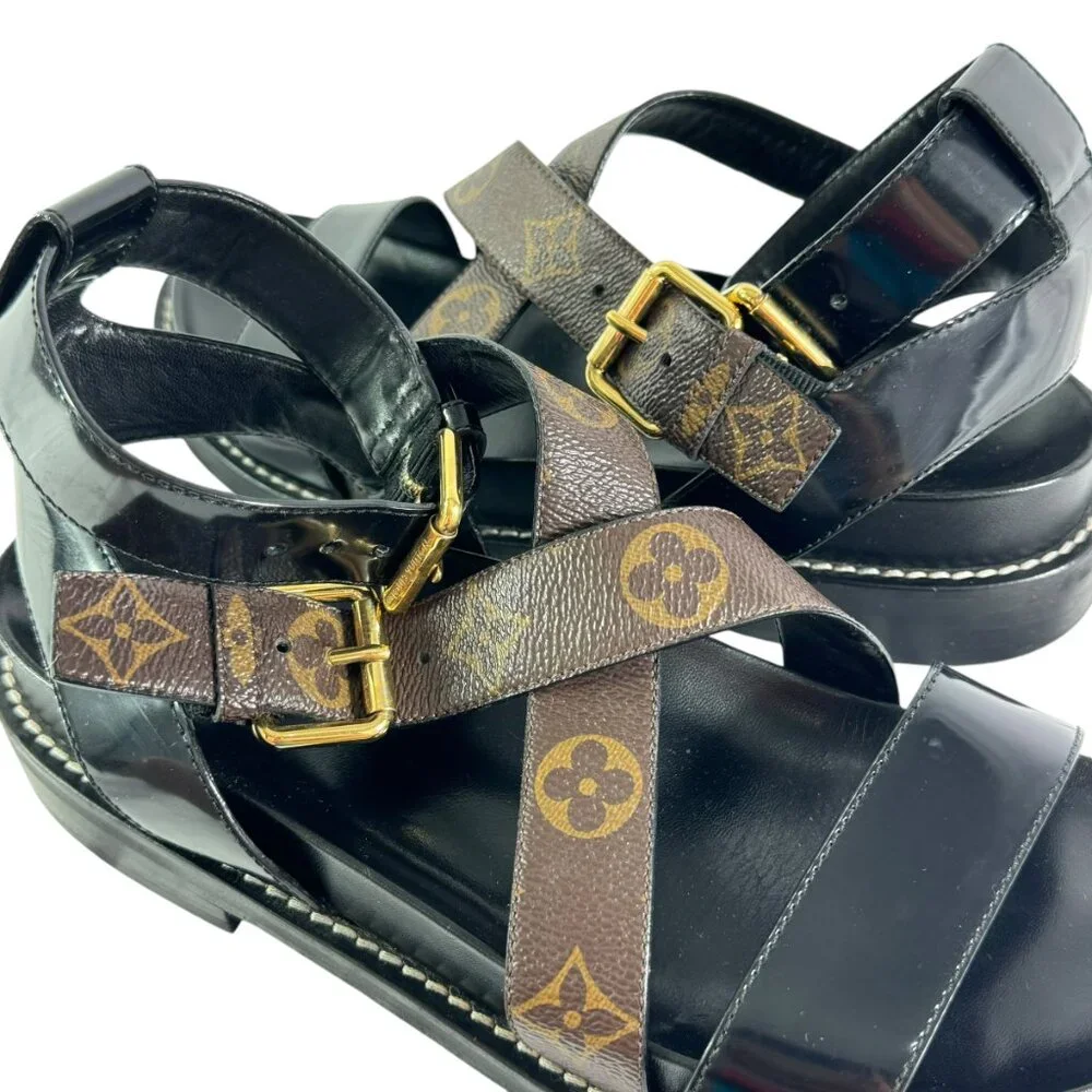 Louis Vuitton Black & Brown Monogram Crisscross Leather Sandals - Picture 5 of 11